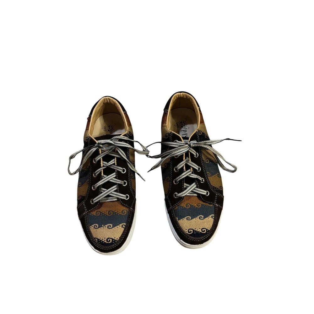Passeri Artesano Sneakers Brown Blue Wave Pattern Canvas Lace‎ Up Shoes